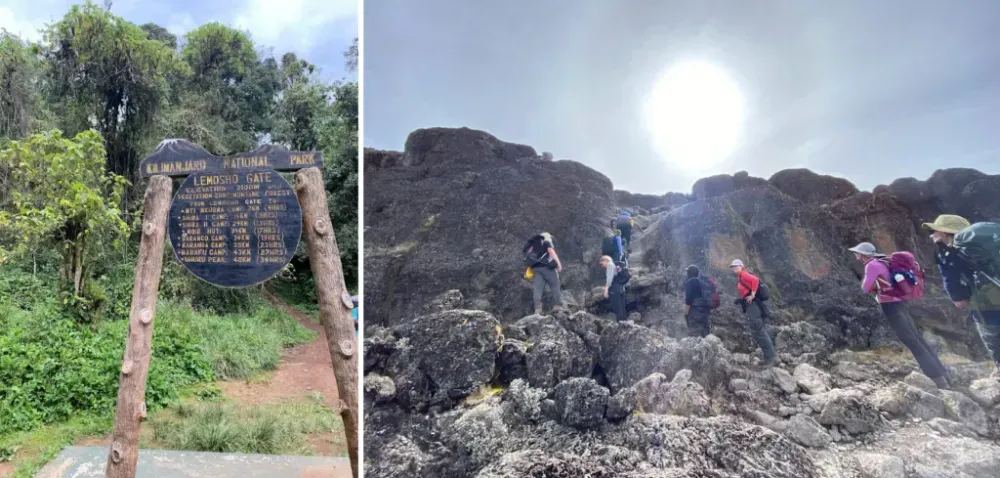 Sign marking the start of the Lemosho Route up Mount Kilimanjaro (left) and hikers making their way up the mountain (right)